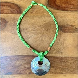Abalone Shell Twisted Green & Wood Beaded Necklace